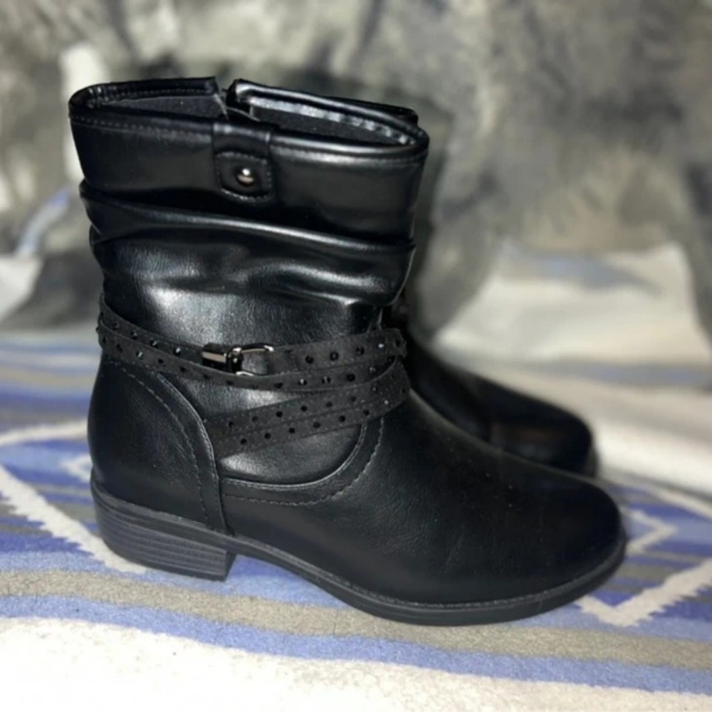 Black Mid-Calf Heeled Boots with Perforated Wrap Strap